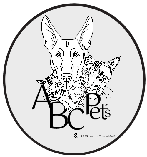 Un perro Pastor Alemán, alrededor tres gatos y en la parte inferior el nombre de la tienda.